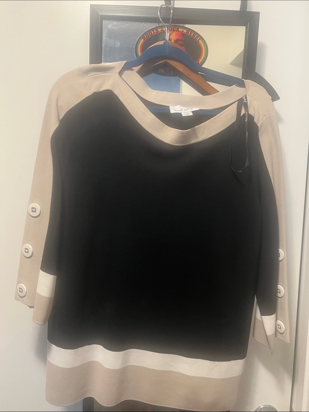 Joseph Ribkoff Black and Beige Colorblock Boatneck Top